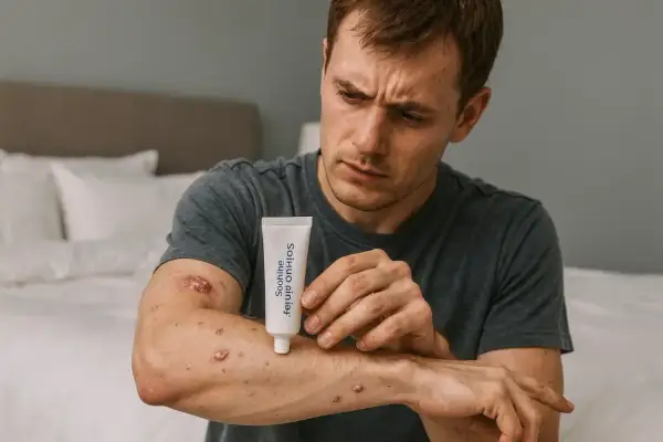 Homme inquiet avec des lésions cutanées sur le bras, tenant un tube de crème. Une solution naturelle pour la tension nerveuse et les problèmes de peau.