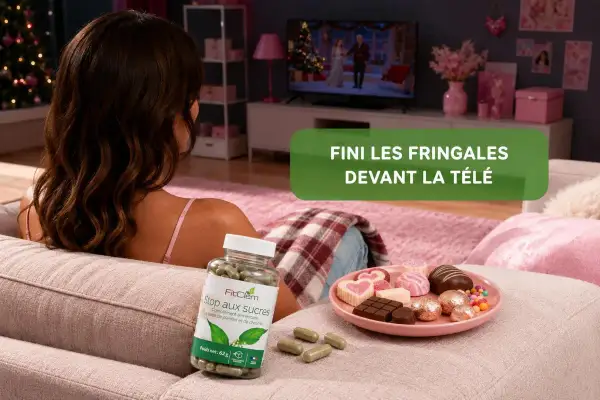 Une femme se détend devant la télé avec des bonbons. Un flacon "Stop aux sucres" suggère un régime sans sucre réussi.
