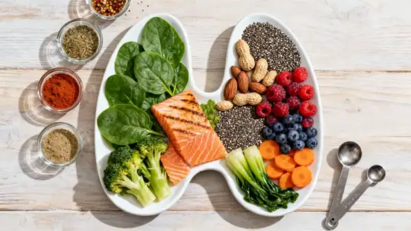 Assiette en forme de poumons avec saumon, épinards, brocolis, fruits rouges, graines de chia, noix et carottes. Une alimentation saine pour le Hashimoto, en évitant certains aliments interdits.