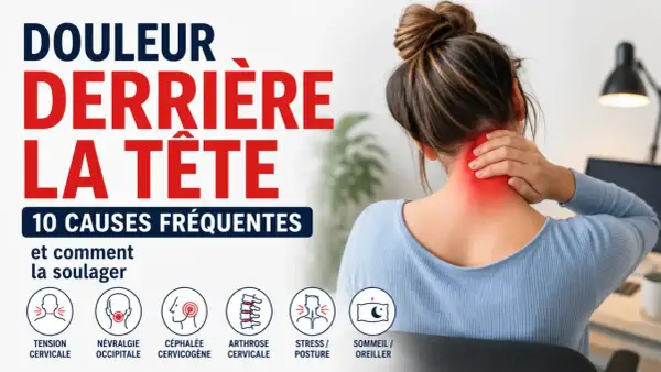 Une femme se tient la nuque, souffrant de mal derrière la tête. L'image liste 10 causes fréquentes de ce mal.