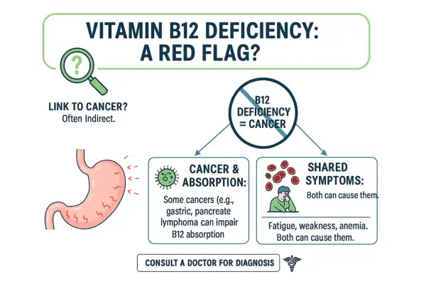 La carence en vitamine B12 peut être un signe de cancer. L'image montre le lien entre la carence en B12, les cancers affectant l'absorption et les symptômes partagés comme la fatigue.