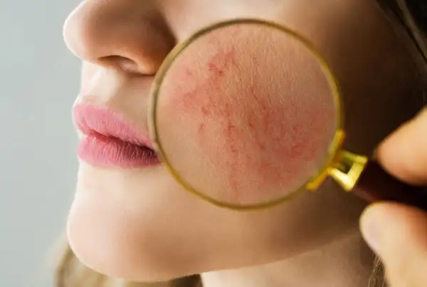 Gros plan sur une peau rougie, examinée à la loupe. Une approche de rosacée traitement naturel pour apaiser les rougeurs.