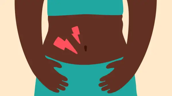 Douleur bas ventre mais pas de règles. Une personne tient son abdomen où des éclairs rouges symbolisent la douleur.
