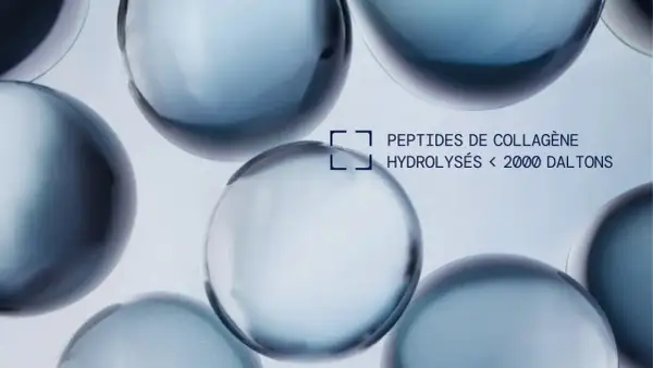 Des sphères bleutées et translucides, évoquant la pureté. Un texte indique : "Peptides de collagène hydrolysés < 2000 Daltons", expliquant c'est quoi le collagène.