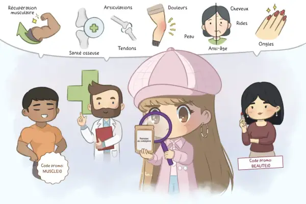 Une jeune femme examine des peptides de collagène avec une loupe, illustrant leurs bienfaits pour la peau, les cheveux, les articulations et la santé osseuse.