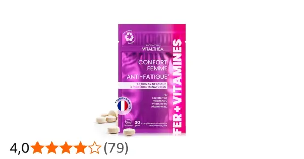 Complément alimentaire "Confort Femme Anti-Fatigue" de Vitalthéa. Idéal pour savoir quelle vitamine quand on a toujours froid, il contient du fer et des vitamines.
