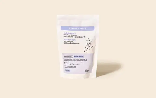 Sachet de collagène marin Aroma-Zone, un complément alimentaire pour la peau et les sportifs. Avis médical : améliore fermeté et réduit rides.