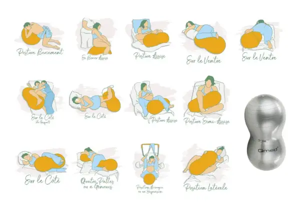 Diverses positions pour aider bébé à descendre dans le bassin, incluant des exercices sur ballon.