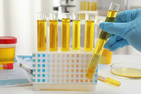 Analyse d'urine en laboratoire. Des éprouvettes remplies d'urine jaune sont dans un support, à côté d'une bandelette réactive. Cela peut aider à comprendre combien de fois uriner par jour.