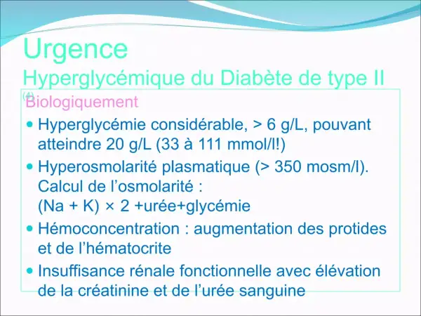 Urgence hyperglycémique : glycémie 3g que faire ? Hyperglycémie > 6 g/L, hyperosmolarité, hémoconcentration, insuffisance rénale.
