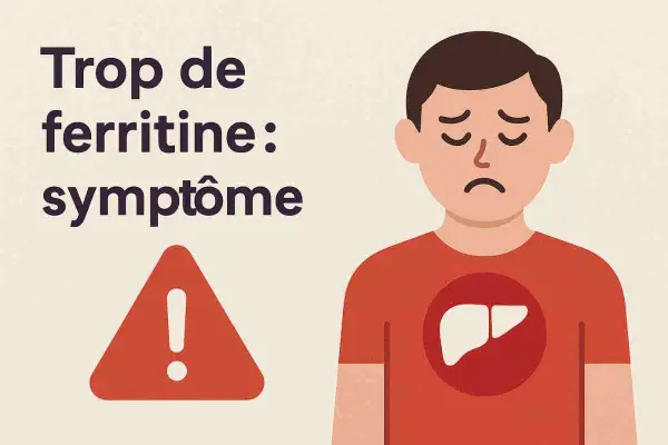 Un homme triste avec un symbole de foie sur son t-shirt. Le texte indique "Trop de ferritine : symptôme" et un panneau d'avertissement.