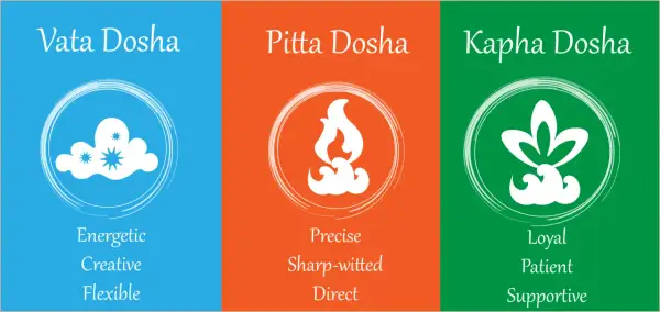 Vata, Pitta, Kapha : trois doshas ayurvédiques représentés par des symboles (nuage, feu, fleur) et des qualités (énergique, précis, loyal).
