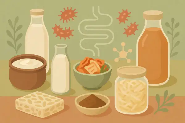 Illustration de divers aliments fermentés, dont le kimchi et le tempeh, entourés de microbes et d'un schéma intestinal. Un aliment fermenté à éviter pour certains.
