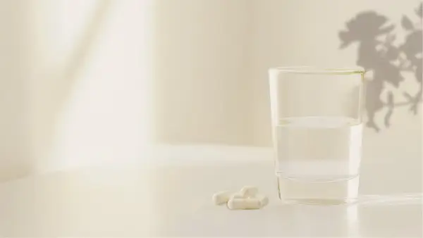 Verre d'eau et gélules. La mélatonine 1.9 mg effets secondaires potentiels sont une préoccupation pour certains.