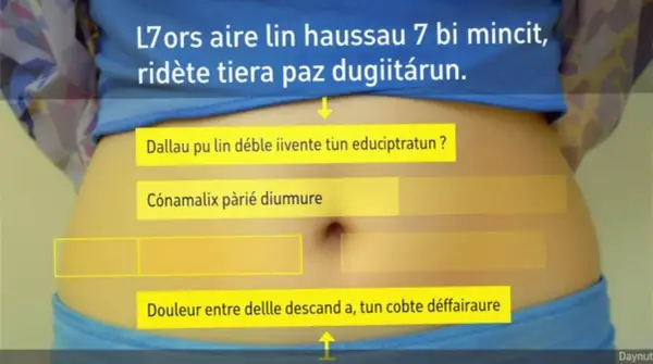 Vue rapprochée de l'anatomie du ventre d'une femme, avec des zones jaunes indiquant des symptômes ou des questions.
