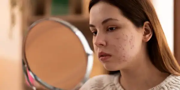 Jeune femme examinant son visage dans un miroir, préoccupée par l'acné et les imperfections de sa peau. Le zinc pourrait aider.