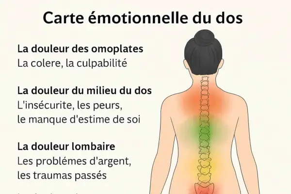 Carte émotionnelle du dos : la douleur du milieu du dos liée à l'insécurité, aux peurs et au manque d'estime de soi.
