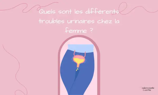 Illustration d'une vessie et de voies urinaires chez la femme, avec des gouttes tombant. Le texte demande : "Quels sont les différents troubles urinaires chez la femme ?". Parfois, il faut pousser pour uriner.