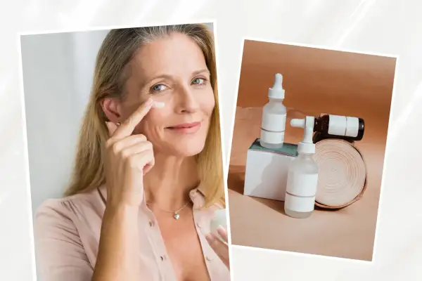 Une femme applique une crème, un geste pour une peau éclatante. À côté, des flacons de sérum, peut-être riches en vitamine A pour la peau.