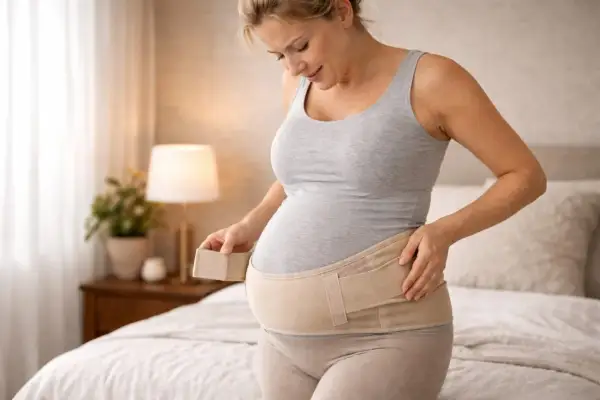 Femme enceinte ajustant sa ceinture de grossesse. Elle se demande à partir de quel mois l'utiliser pour soulager son dos.