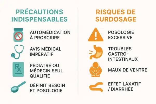 Précautions et risques de surdosage du malate de magnésium : automédication à proscrire, avis médical impératif, troubles gastro-intestinaux, maux de ventre, effet laxatif/diarrhée.