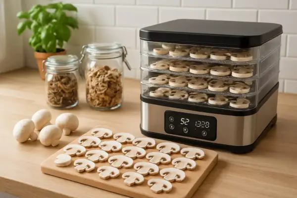 Champignons tranchés dans un déshydrateur, prêts à être séchés. Une astuce pour savoir comment se réhydrater : ajoutez-les à vos plats.