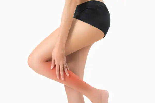 Une femme se tient la jambe droite, une zone rouge vif indiquant une douleur au mollet droit.