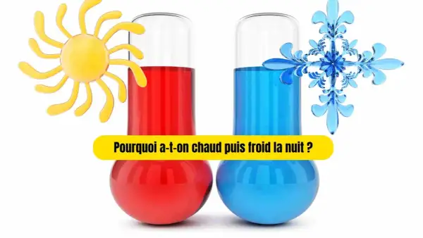 Soleil et flocon symbolisent le chaud et le froid. Deux thermomètres, l'un rouge, l'autre bleu, illustrent le changement de température. Pourquoi j'ai froid le soir ?