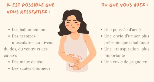Femme souffrant de douleurs règles insupportables, ballonnements, crampes, maux de tête et sautes d'humeur.
