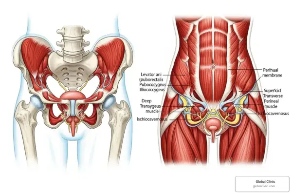 Anatomie du pelvis : le muscle ischio-caverneux, partie du plancher pelvien, est visible avec d'autres muscles et organes.