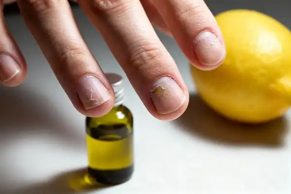 Main abîmés, un flacon d'huile et un citron, symboles d'un aliment bon pour les cheveux et ongles.