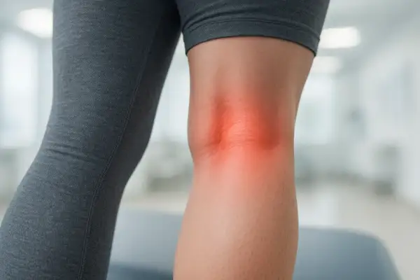 Douleur derrière le genou, peut-être liée à une mauvaise circulation. La zone est rougie, indiquant une inflammation.