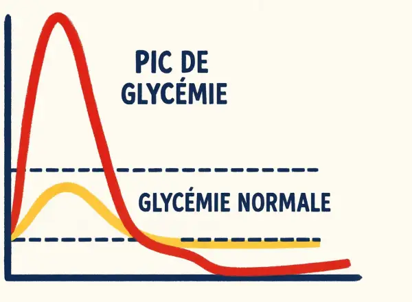 Graphique montrant un pic de glycémie élevé, bien au-dessus de la glycémie normale, illustrant un problème de régulation du sucre.