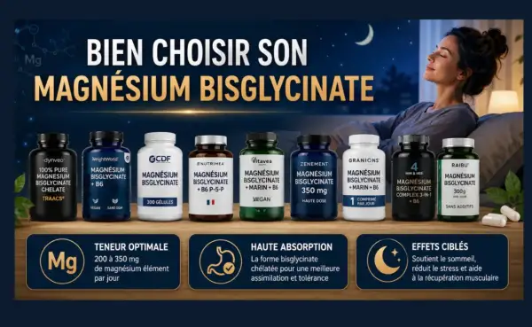 Choix de magnésium bisglycinate : une femme détendue, plusieurs marques de compléments, et les bienfaits pour le sommeil et le stress.