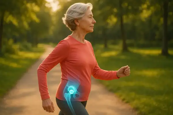 Femme âgée marchant dans un parc, une visualisation de la douleur fessier course à pied sur sa hanche.