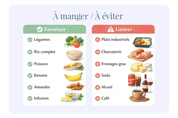 Légumes, riz complet, poisson, banane, amandes, infusion : voici quoi manger le soir pour bien dormir. Évitez plats industriels, charcuterie, fromages gras, soda, alcool et café.