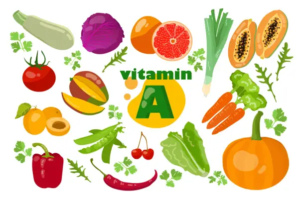 Légumes et fruits colorés, dont carottes, courge, poivron, tomate, mangue, papaye, et agrumes, illustrant des aliments riches en vitamine A.