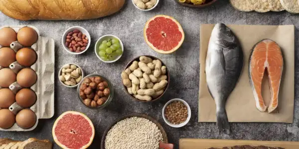 Œufs, poisson, fruits et noix, sources de vitamine B9 pour une alimentation équilibrée.