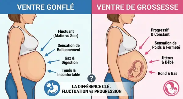 Comparaison entre un ventre gonflé (fluctuant, ballonnement, gaz) et un ventre de grossesse (progressif, utérus & bébé).