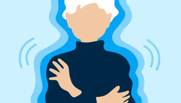 Person se serre les bras, le corps entouré d'ondes bleues, évoquant une sensation de froid soudaine.