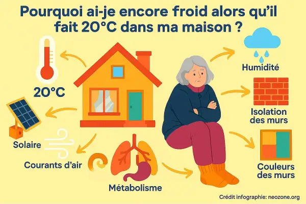 Une femme frissonne malgré 20°C chez elle. L'infographie explore les causes de cette sensation de froid intérieur du corps : humidité, isolation, couleurs des murs, métabolisme, courants d'air et solaire.