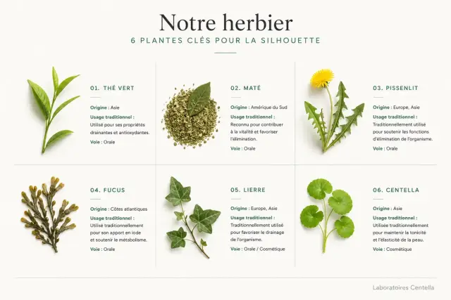 Plantes pour la silhouette : thé vert, maté, pissenlit, fucus, lierre, centella. La phytothérapie pour maigrir utilise ces plantes aux vertus drainantes et métaboliques.