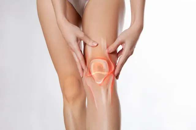 Une femme touche son genou douloureux, où le cartilage est mis en évidence en rouge. La question se pose : le cartilage se régénère-t-il ?